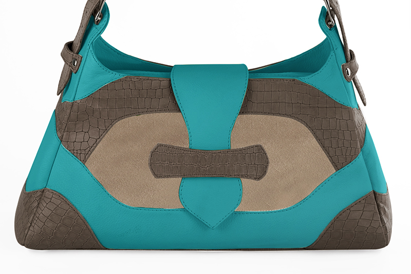 Dress handbag in taupe brown, tan beige and aquamarine blue leather - Profile view
